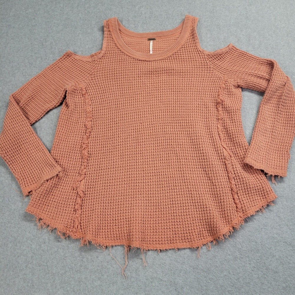 Free People Terracotta Cotton Waffle Knit Cold Shoulder Frayed Sweater Small